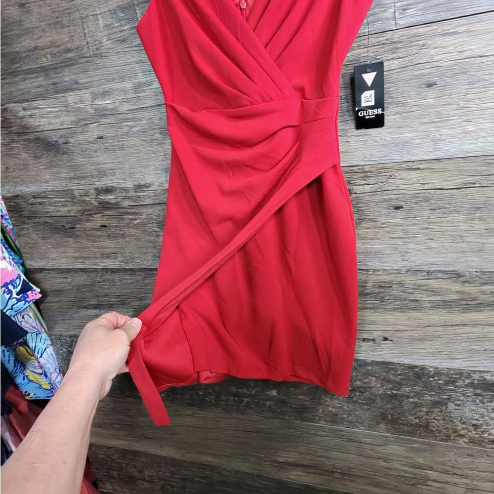 GUESS Red Draped V-Neck Midi Dress - Picture 12 of 13